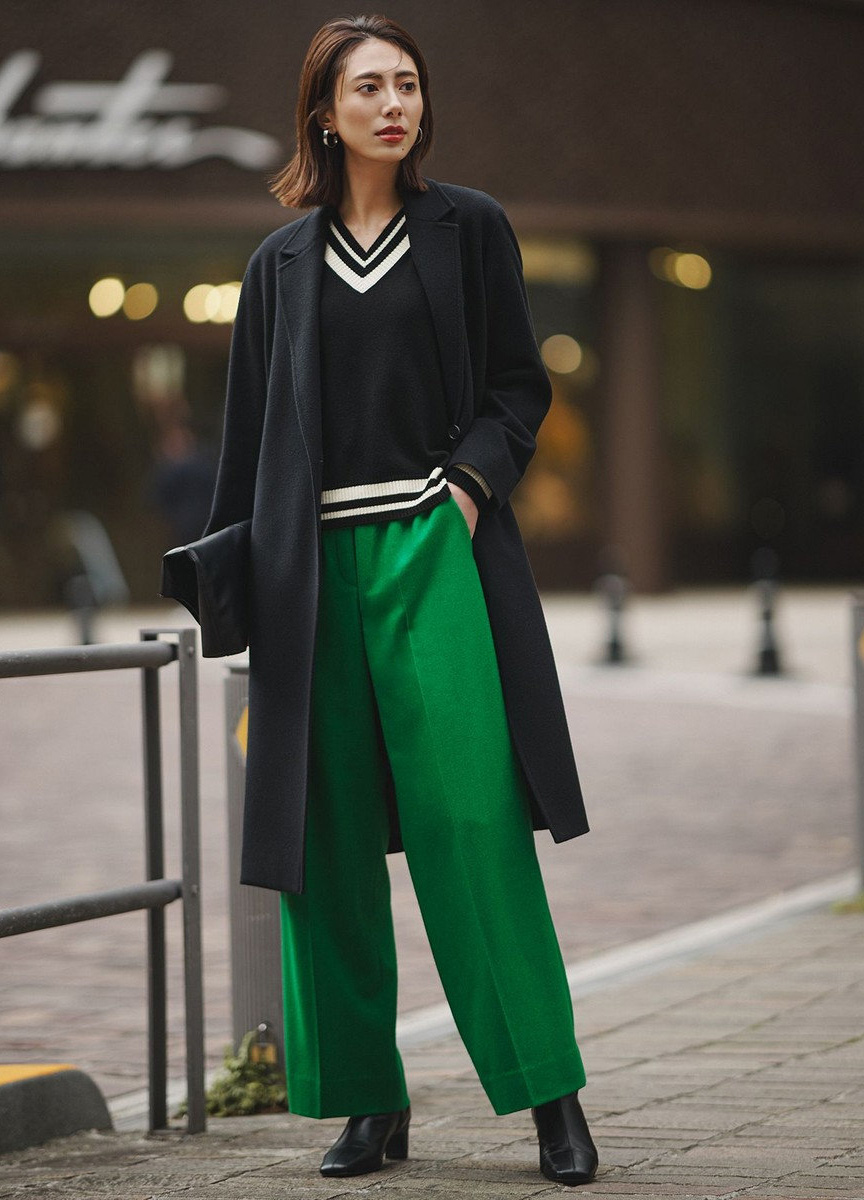 毛料復古V領配色針織衫